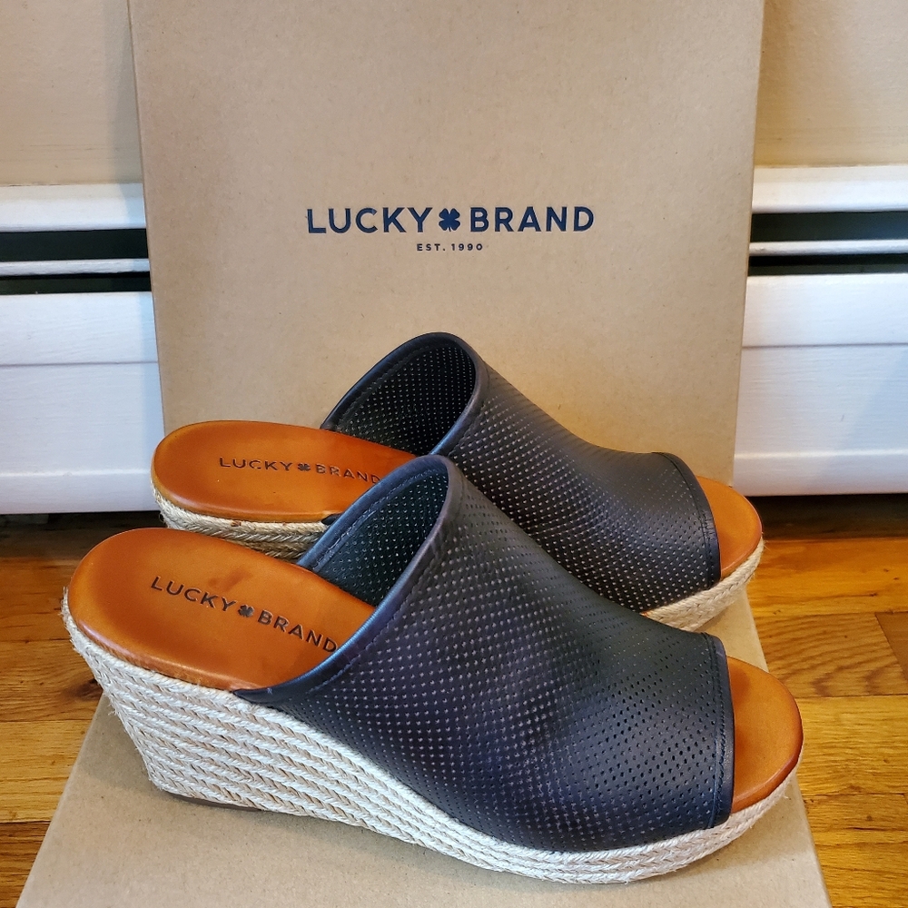 Lucky Brand Black Leather Wedge Sandals